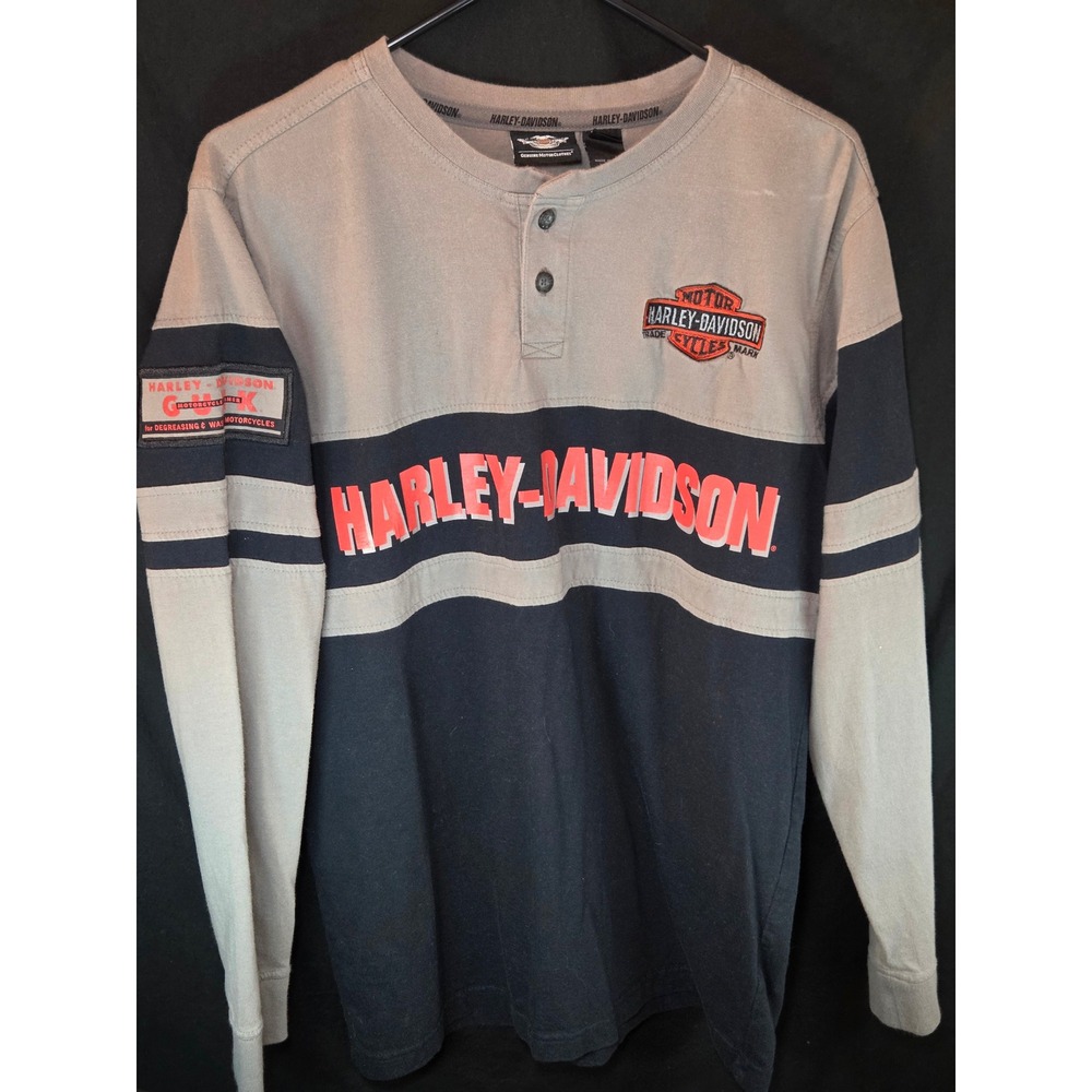 Harley-Davidson Mens Pre-Luxe Motorcycle Oil Henley Shirt Grey Black Small‎